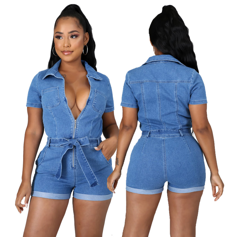 V Neck Denim Romper