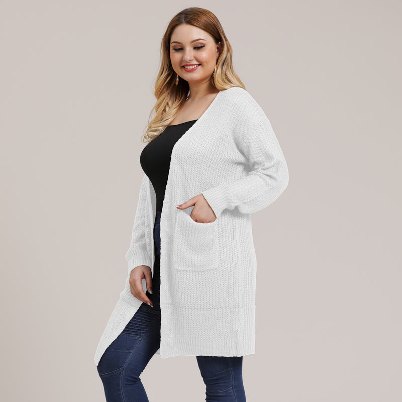 White Plus Size Drop Shoulder Cardigan with Pockets