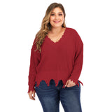 Plus Size V Neck Raw Hem Sweater