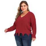 Plus Size V Neck Raw Hem Sweater