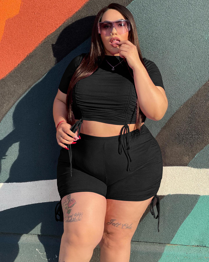 Plus Size Drawstring Top & Shorts Two Piece Set