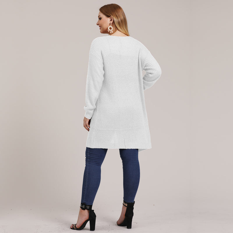 White Plus Size Drop Shoulder Cardigan with Pockets