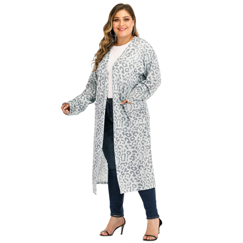 Plus Size Leopard Print Pocket Front Cardigan