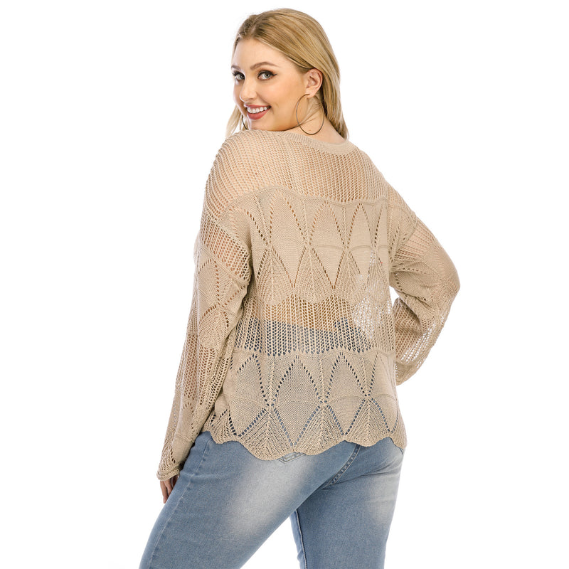 Plus Size Solid Pointelle Knit Drop Shoulder Sweater