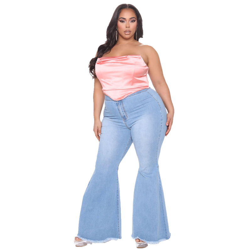 Plus Size High Waist Raw Hem Bootcut Flare Leg Skinny Jeans