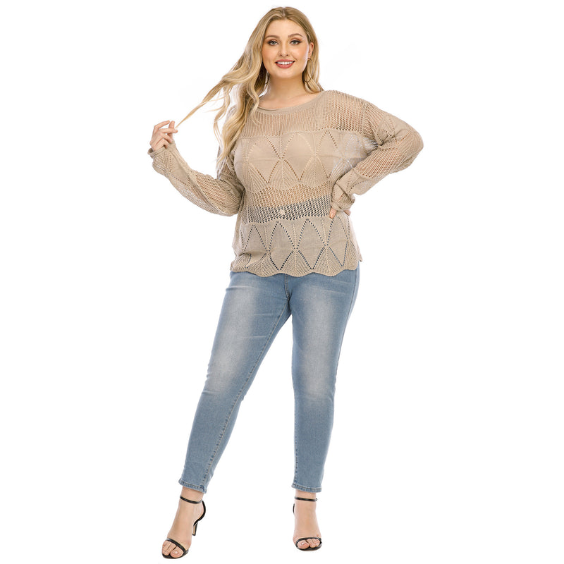 Plus Size Solid Pointelle Knit Drop Shoulder Sweater