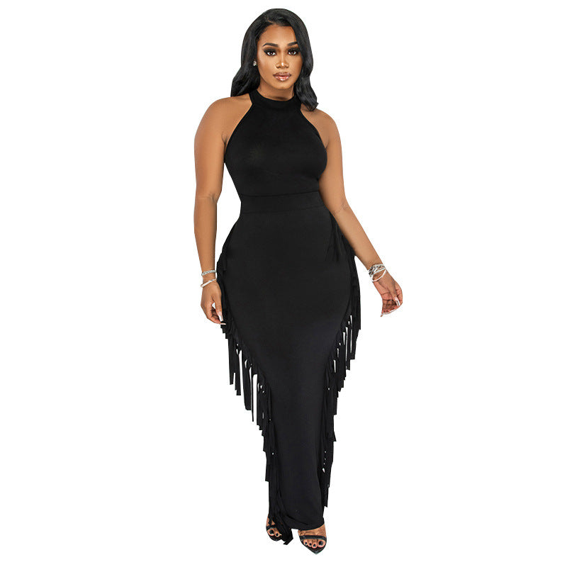 Solid Halter Top & Fringe Skirt Set