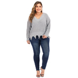 Plus Size V Neck Raw Hem Sweater