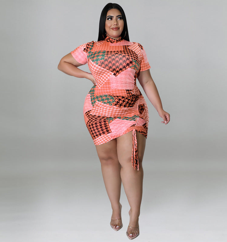 Plus Size Allover Print Drawstring Dress