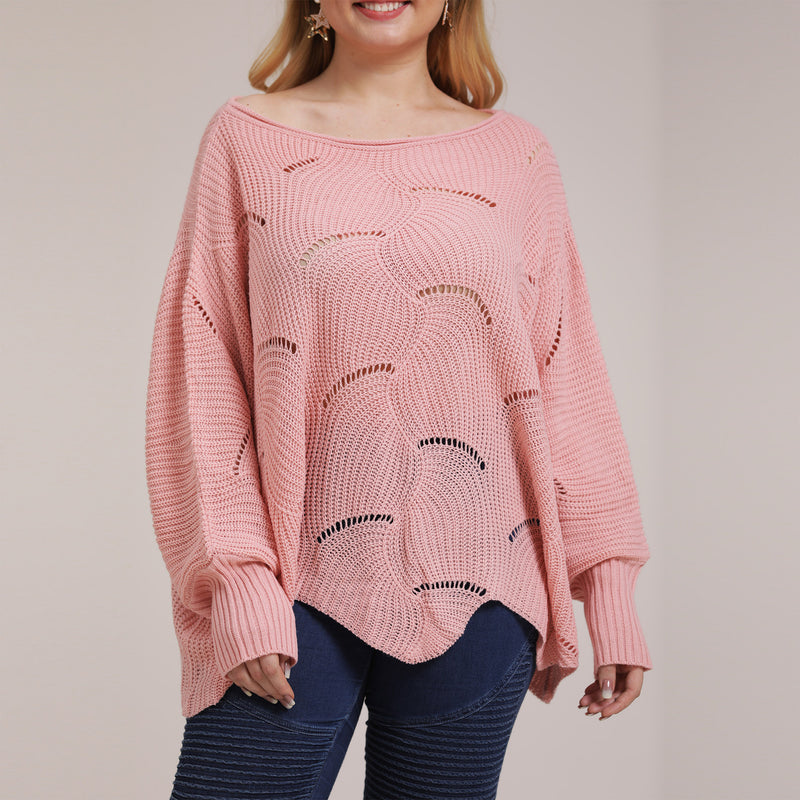 Plus Size Solid Pointelle Knit Drop Shoulder Sweater