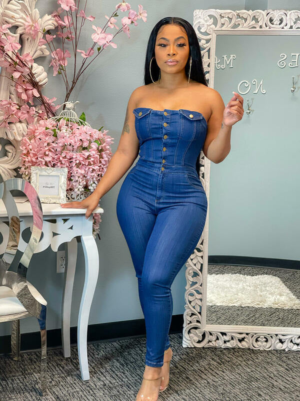 Off Shoulder Denim Cami Jumpsuit