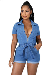 V Neck Denim Romper