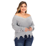 Plus Size V Neck Raw Hem Sweater