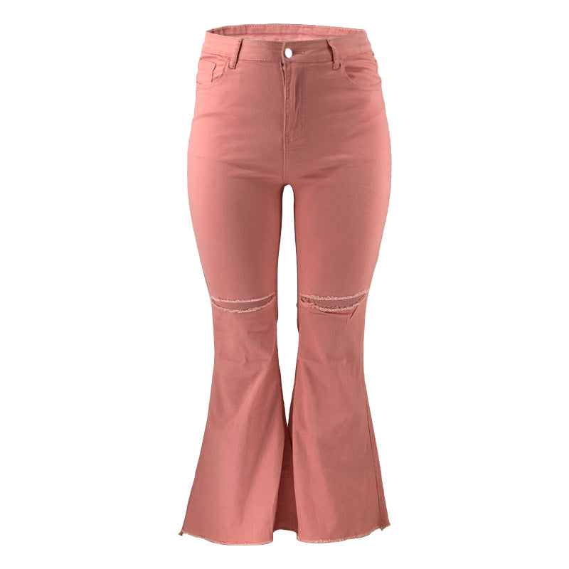 Pink Plus Size Ripped Raw Hem Bootcut Flare Leg Jeans