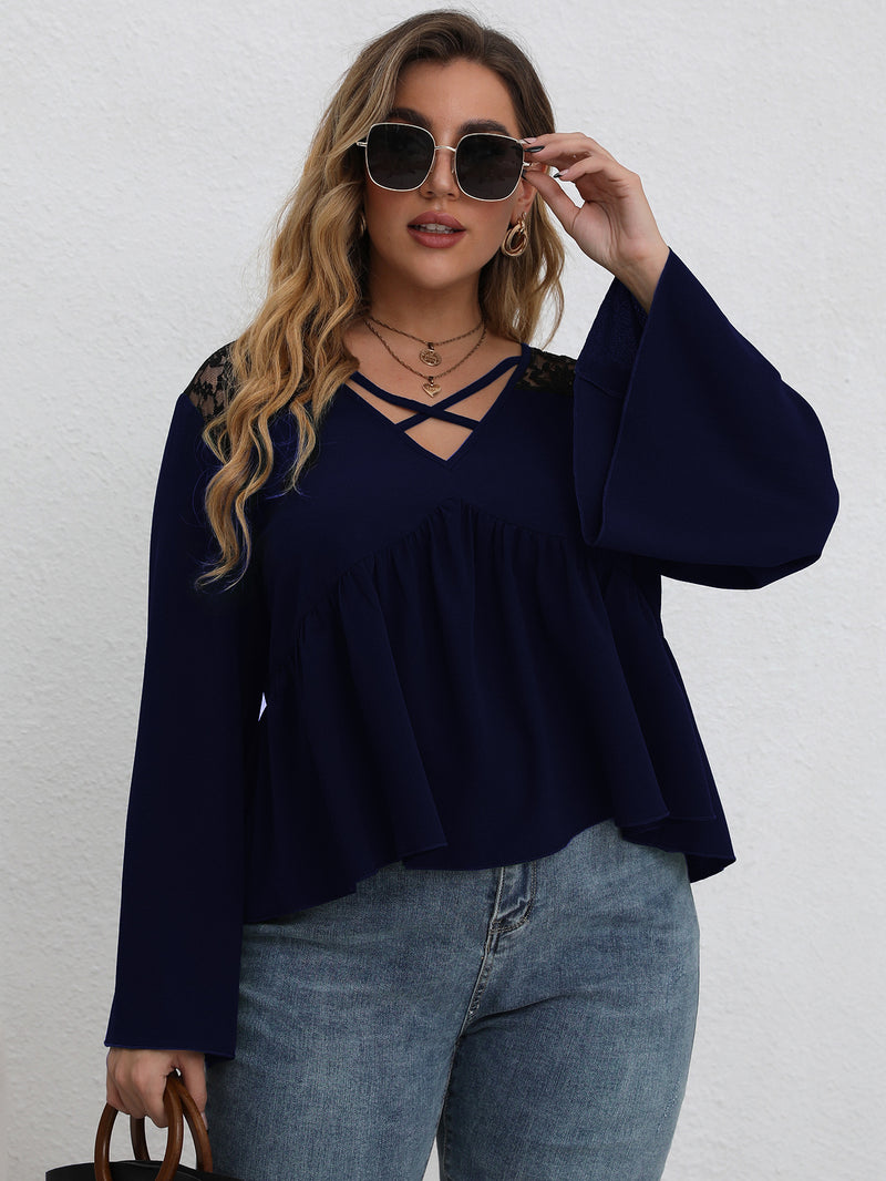 Plus Size Criss-cross Lace Panel Top