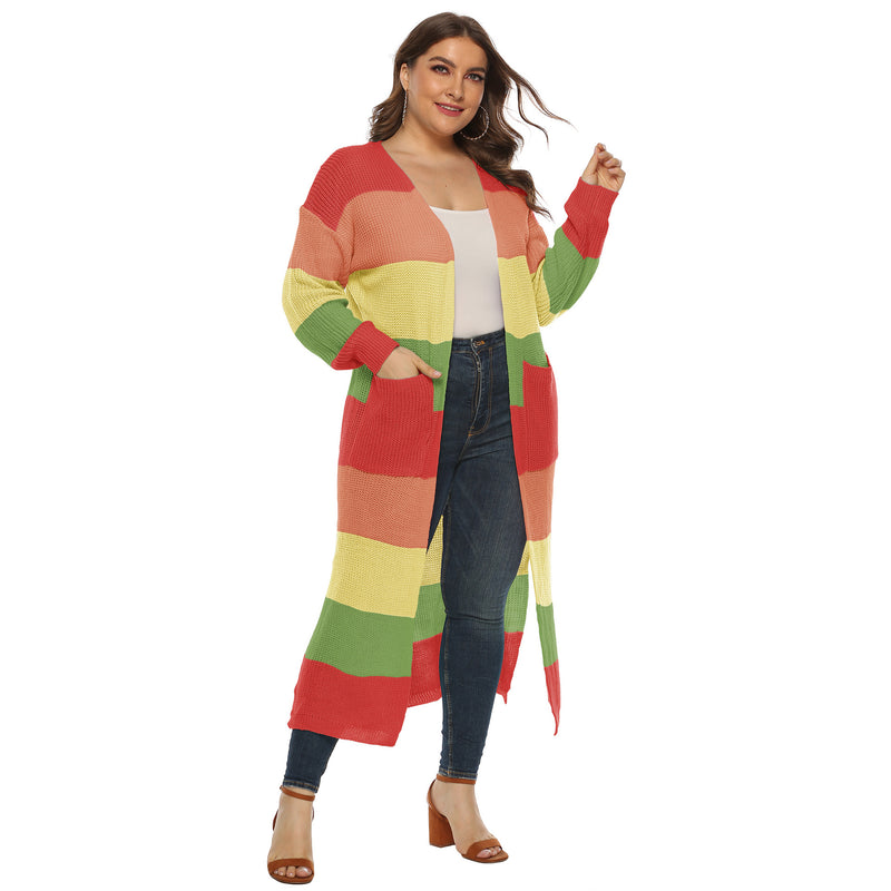 Plus Size Colorblock Cardigan with Pockets