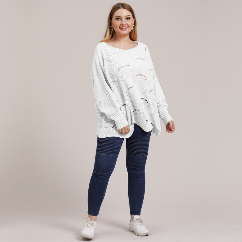 Plus Size Solid Pointelle Knit Drop Shoulder Sweater