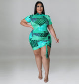 Plus Size Allover Print Drawstring Dress