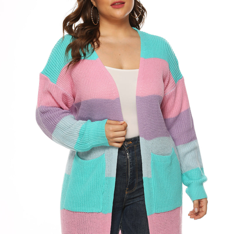 Plus Size Colorblock Cardigan with Pockets