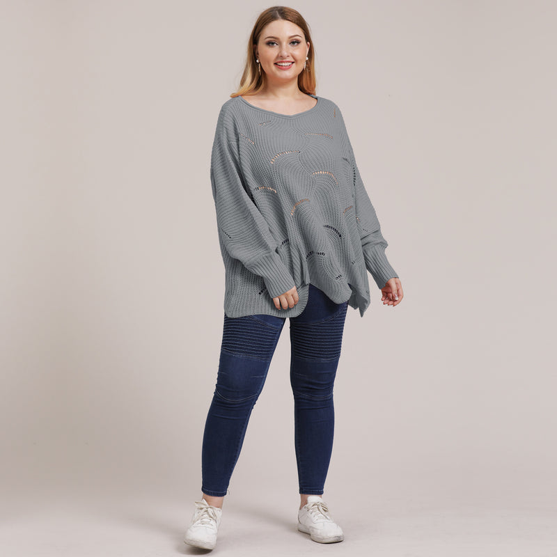 Plus Size Solid Pointelle Knit Drop Shoulder Sweater