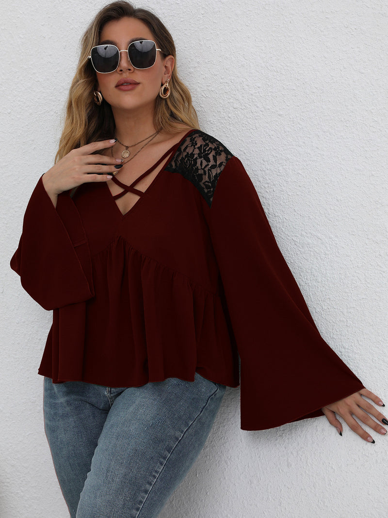 Plus Size Criss-cross Lace Panel Top