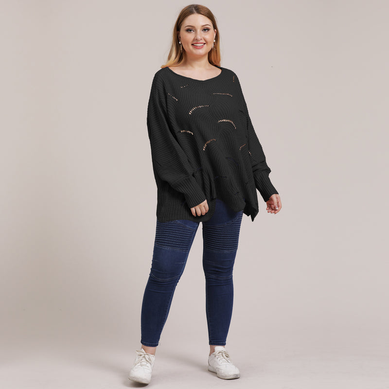 Plus Size Solid Pointelle Knit Drop Shoulder Sweater