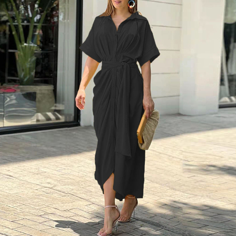 Solid Tie Front Shirt Dress