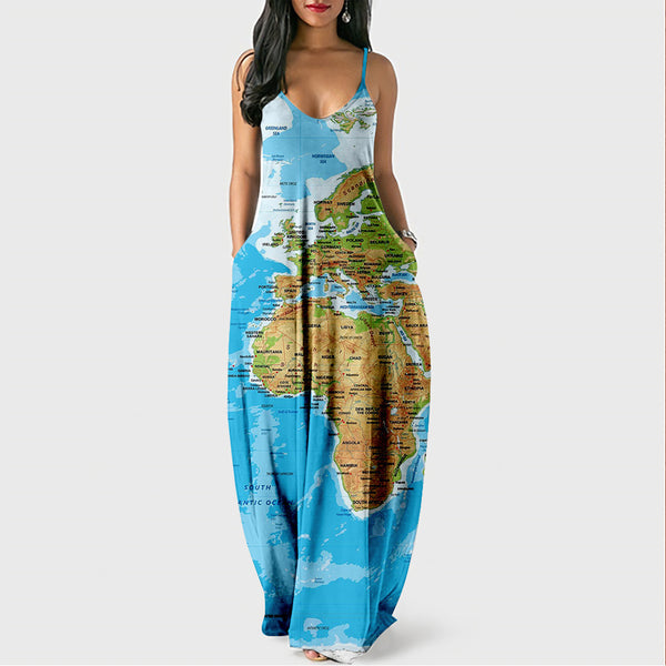 World Map Print Maxi Dress with Pockets