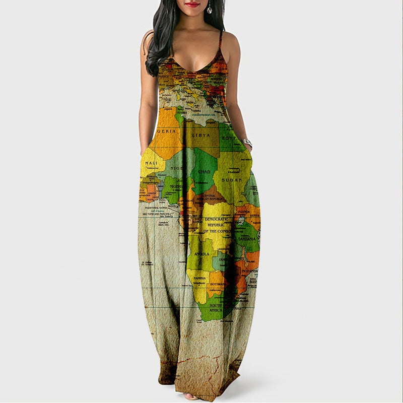 World Map Print Maxi Dress with Pockets