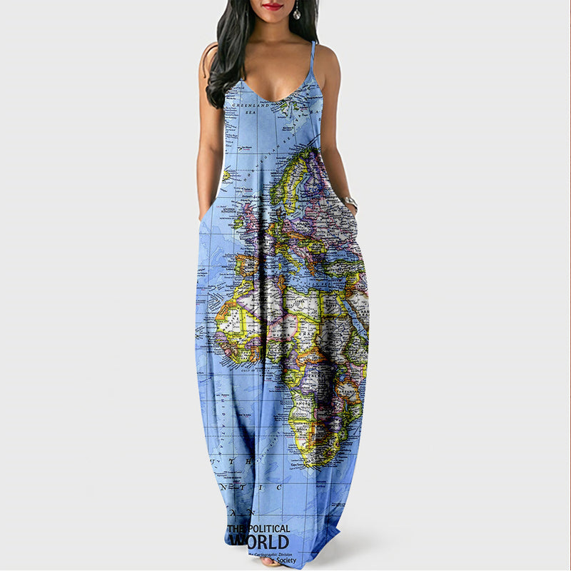 World Map Print Maxi Dress with Pockets