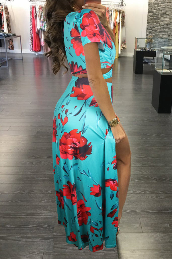 Knot Back Floral Top & Split Thigh Dress