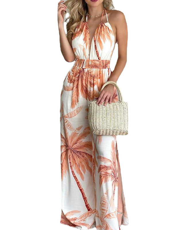 Tropical Print Backless Split Jumpsuit